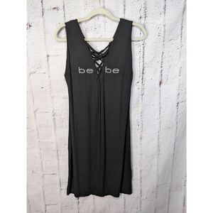 Bebe Ribbed Black Lace up Neck Stretchy Sleeveless Mini Dress Y2K Sz L Large Vin